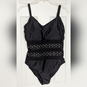 Simon Chang Women's (10) Black Swimsuit/Bathing Suit w/ Mesh & Gold Stud Accents
